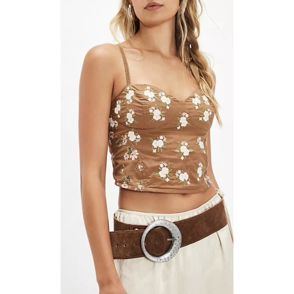 Free People Wild Flowers Corset Women's L Brown Floral Embroidered Smocked